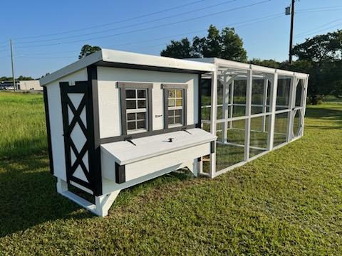 White Wooden Chicken Run with Large OverEZ Farmhouse Chicken Coop