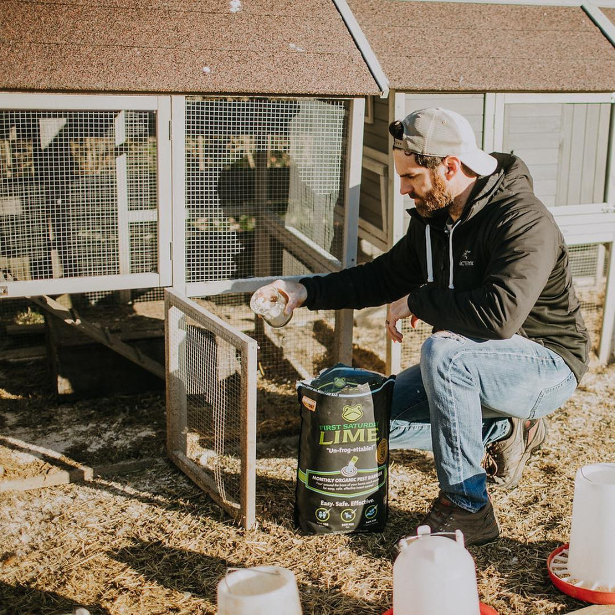 Man Sprinkling First Saturday Lime in a Chicken Coop