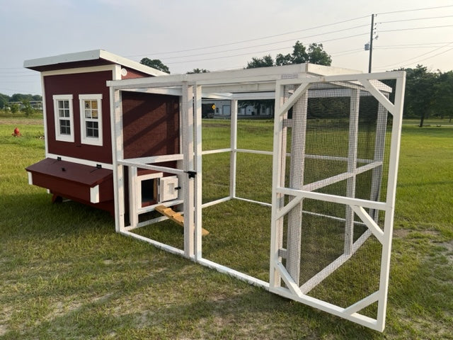 OverEZ Walk-In Chicken Coop and White Wooden Chicken Run