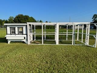 White Wooden Chicken Run with Large Farmhouse Chicken Coop