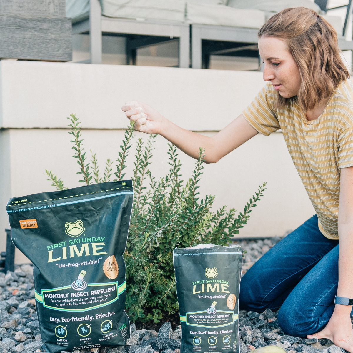 Woman Sprinkling First Saturday Lime on a Plant 